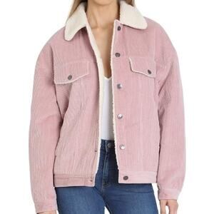 Avec Les Filles Corduroy Trucker Jacket Button Down Faux Sherpa Collar Pink M